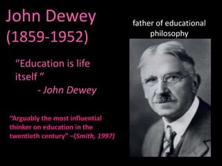 John Dewey (1859-1952) father of educational philosophy “Education is life  itself ” 	- John Dewey “Arguably the most influential thinker on education in the twentieth century” –(Smith, 1997) 