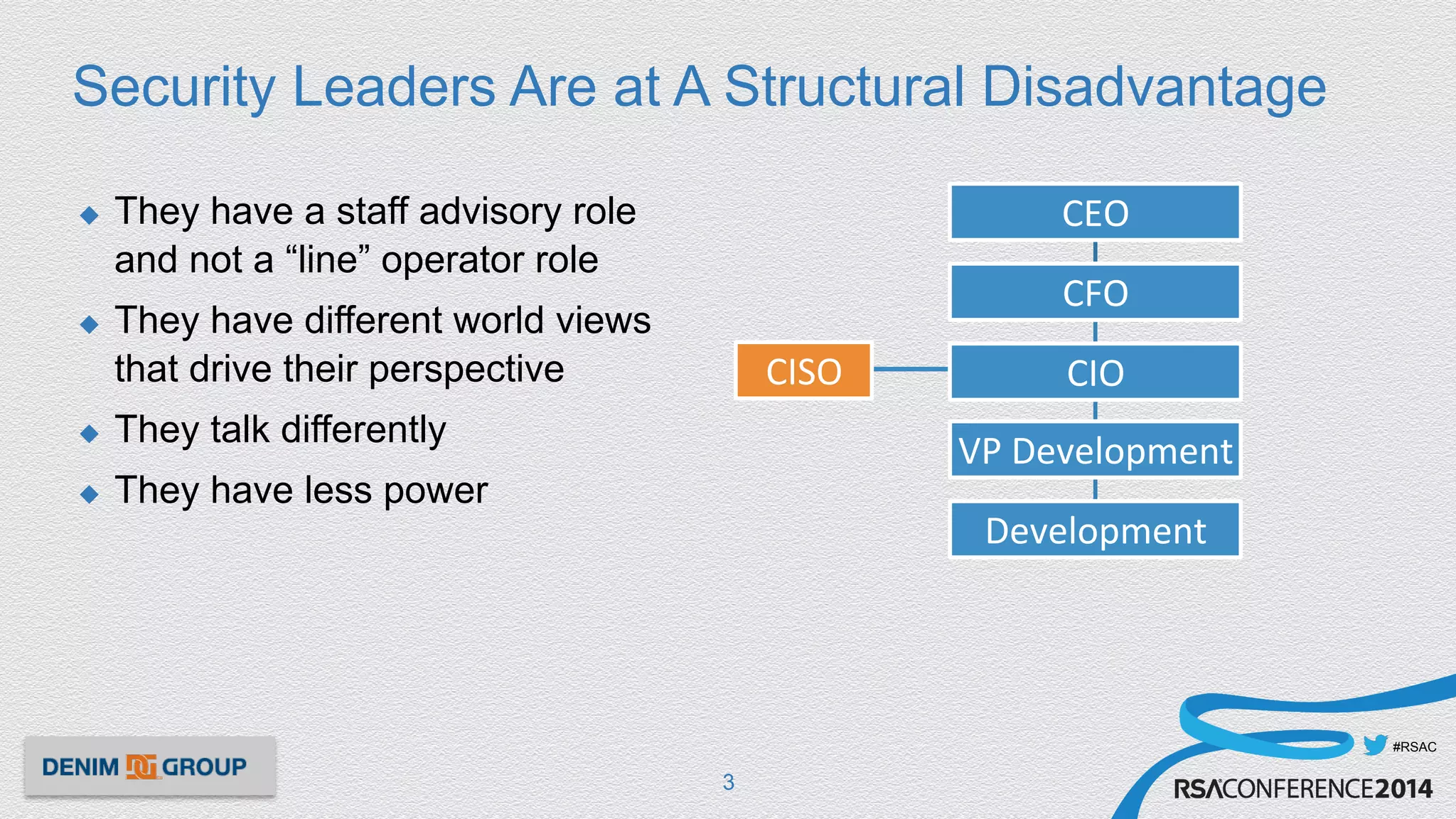 #RSAC
CEO	
  
CFO	
  
CIO	
  
VP	
  Development	
  
Development	
  
CISO	
  
Security Leaders Are at A Structural Disadvantage
u  They have a staff advisory role
and not a “line” operator role
u  They have different world views
that drive their perspective
u  They talk differently
u  They have less power
3
 