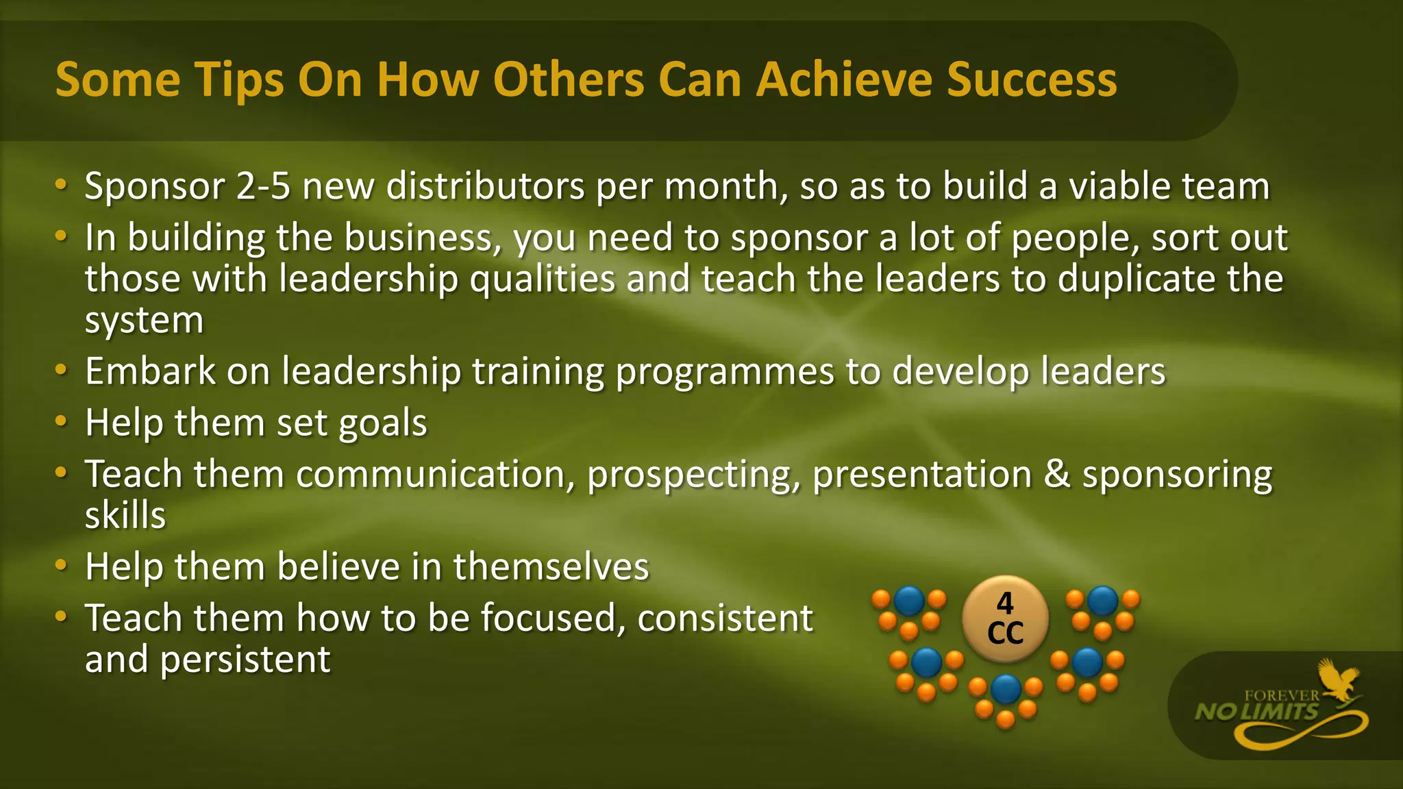 Some Tips On How Others Can Achieve Success
• Sponsor 2-5 new distributors per month, so as to build a viable team
• In building the business, you need to sponsor a lot of people, sort out
those with leadership qualities and teach the leaders to duplicate the
system
• Embark on leadership training programmes to develop leaders
• Help them set goals
• Teach them communication, prospecting, presentation & sponsoring
skills
• Help them believe in themselves
• Teach them how to be focused, consistent
and persistent
4
CC
 