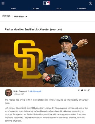 Padres deal for Snell in blockbuster (sources)
By AJ Cassavell @AJCassavell
1:25 AM EST
The Padres had a void to ﬁll in their rotation this winter. They did so emphatically on Sunday
night.
Left-hander Blake Snell, the 2018 American League Cy Young Award winner and one of the
sport's premier arms, is headed to San Diego in a ﬁve-player blockbuster, according to
sources. Prospects Luis Patiño, Blake Hunt and Cole Wilcox along with catcher Francisco
Mejía are headed to Tampa Bay in return. Neither team has conﬁrmed the deal, which is
pending physicals.
News MLB News
VIDEO SCORES STATS STANDINGS
 