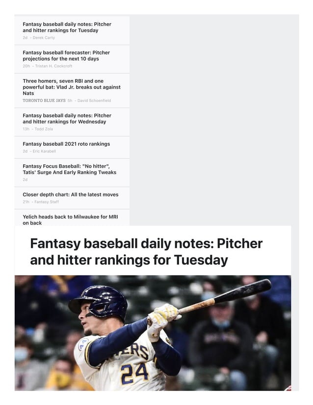 Fantasy baseball daily notes Pitcher and hitter rankings for Tuesday