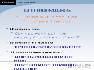 Unfamiliar words I found out that the thud was the cat. L2 listener in class ‘ Can you work out the meaning from the context?’ L2 listener in the real world the thought / front / sun  was the cat L1 listener hearing a new word: Identify as new word rather  than known Ignore – Generalise – Infer meaning from context 