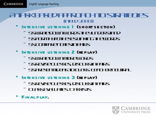 A task-based approach to strategies  (Field 2000) Intensive listening 1  (short section) Ss write down words they understand Ss form hypotheses linking the words Ss compare notes in pairs Intensive listening 2  (replay) Ss write down more words Ss revise guesses, discuss in pairs Ss present ideas to class. Teacher neutral Intensive listening 3  (replay) Ss revise guesses; discuss in pairs Class evaluates. T assists Final play . 