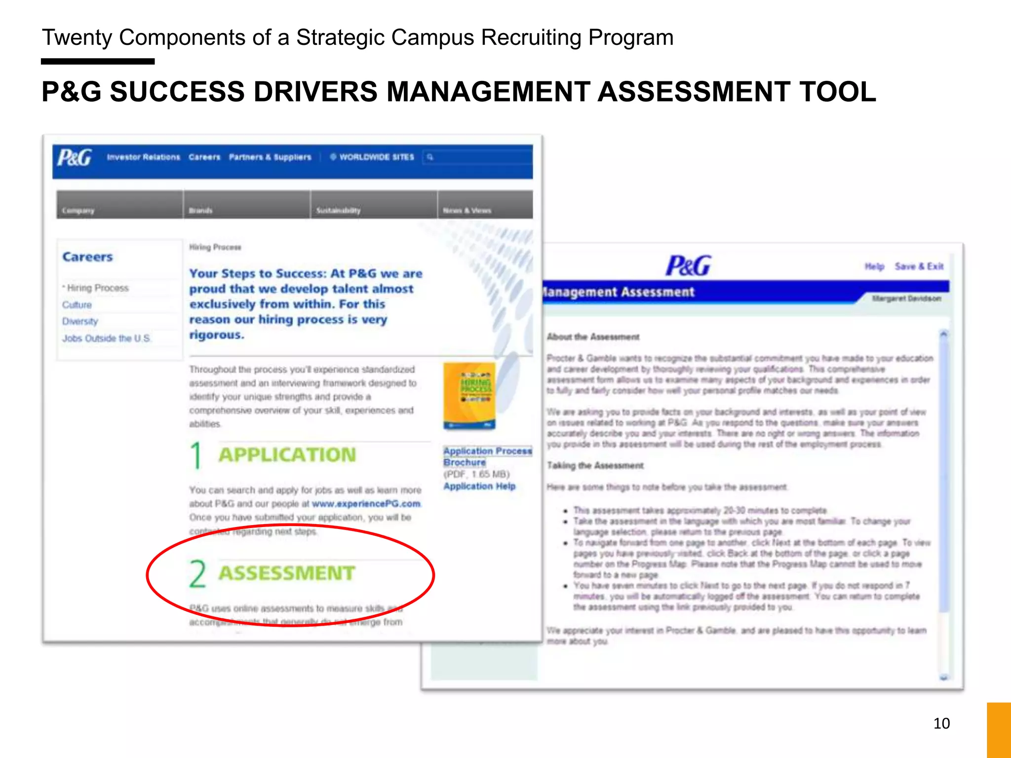 Twenty Components of a Strategic Campus Recruiting Program

P&G SUCCESS DRIVERS MANAGEMENT ASSESSMENT TOOL




                                                             10
 