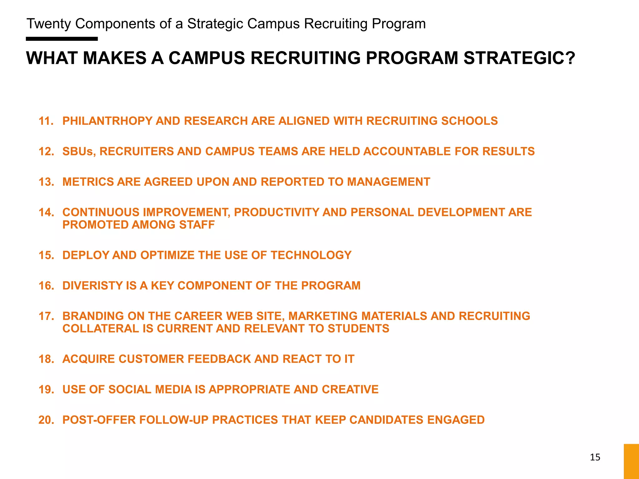Twenty Components of a Strategic Campus Recruiting Program

WHAT MAKES A CAMPUS RECRUITING PROGRAM STRATEGIC?


 11. PHILANTRHOPY AND RESEARCH ARE ALIGNED WITH RECRUITING SCHOOLS

 12. SBUs, RECRUITERS AND CAMPUS TEAMS ARE HELD ACCOUNTABLE FOR RESULTS

 13. METRICS ARE AGREED UPON AND REPORTED TO MANAGEMENT

 14. CONTINUOUS IMPROVEMENT, PRODUCTIVITY AND PERSONAL DEVELOPMENT ARE
     PROMOTED AMONG STAFF

 15. DEPLOY AND OPTIMIZE THE USE OF TECHNOLOGY

 16. DIVERISTY IS A KEY COMPONENT OF THE PROGRAM

 17. BRANDING ON THE CAREER WEB SITE, MARKETING MATERIALS AND RECRUITING
     COLLATERAL IS CURRENT AND RELEVANT TO STUDENTS

 18. ACQUIRE CUSTOMER FEEDBACK AND REACT TO IT

 19. USE OF SOCIAL MEDIA IS APPROPRIATE AND CREATIVE

 20. POST-OFFER FOLLOW-UP PRACTICES THAT KEEP CANDIDATES ENGAGED


                                                                           15
 