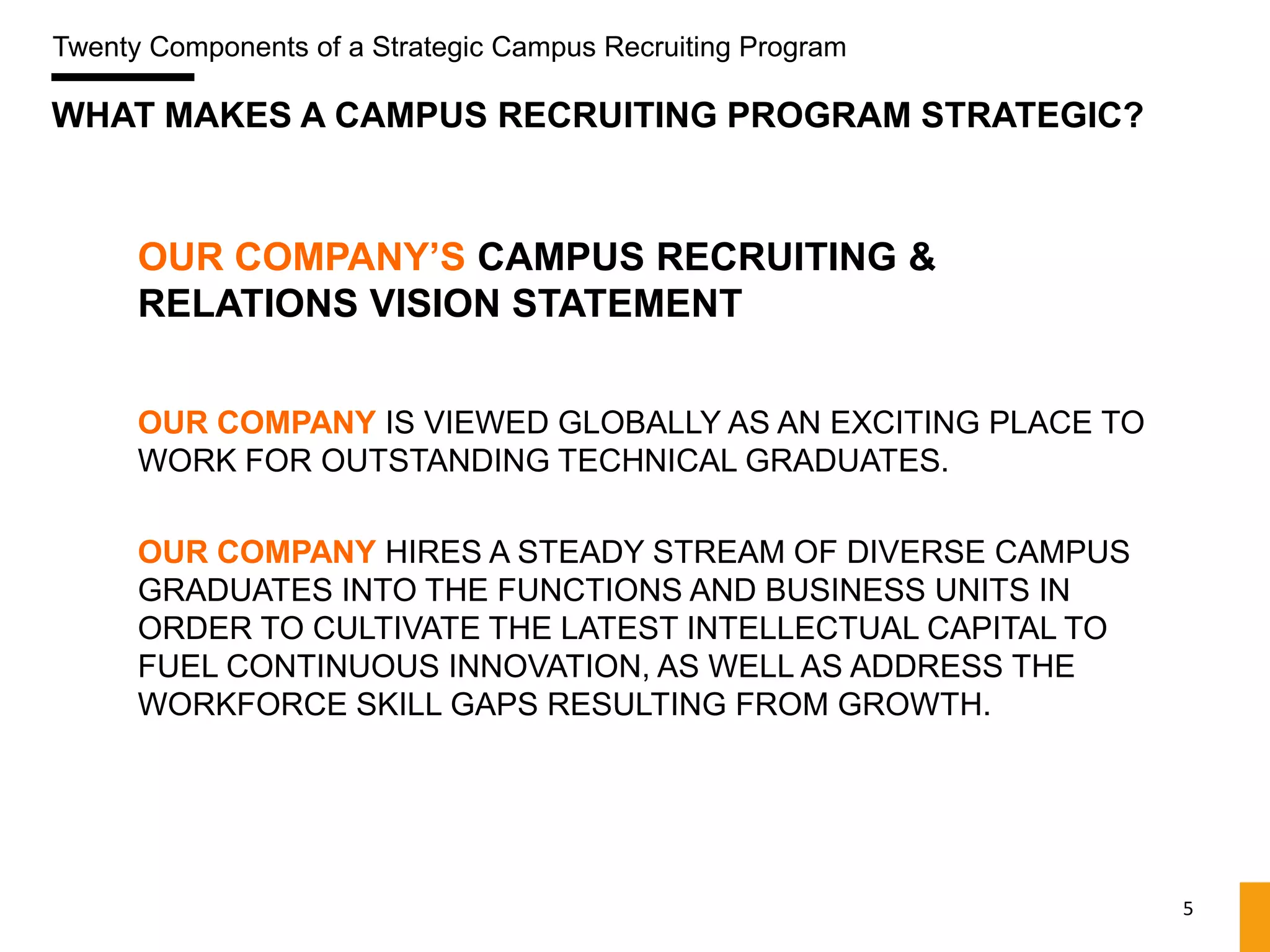 Twenty Components of a Strategic Campus Recruiting Program

WHAT MAKES A CAMPUS RECRUITING PROGRAM STRATEGIC?



      OUR COMPANY’S CAMPUS RECRUITING &
      RELATIONS VISION STATEMENT


      OUR COMPANY IS VIEWED GLOBALLY AS AN EXCITING PLACE TO
      WORK FOR OUTSTANDING TECHNICAL GRADUATES.

      OUR COMPANY HIRES A STEADY STREAM OF DIVERSE CAMPUS
      GRADUATES INTO THE FUNCTIONS AND BUSINESS UNITS IN
      ORDER TO CULTIVATE THE LATEST INTELLECTUAL CAPITAL TO
      FUEL CONTINUOUS INNOVATION, AS WELL AS ADDRESS THE
      WORKFORCE SKILL GAPS RESULTING FROM GROWTH.




                                                               5
 