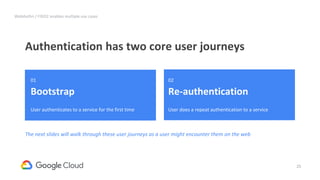 25
Authentication has two core user journeys
WebAuthn / FIDO2 enables multiple use cases
01
Bootstrap
User authenticates to a service for the first time
The next slides will walk through these user journeys as a user might encounter them on the web
02
Re-authentication
User does a repeat authentication to a service
 