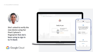 46
Request
credentialId
(internal)
Request (Alternative)
{empty credentialId}
Will result in prompt to insert removable SK
She’s asked to verify the
new device using her
Pixel 2 phone’s
fingerprint that she’s
been using to sign in
to Tri-Bank
3. Cross-platform bootstrap
 