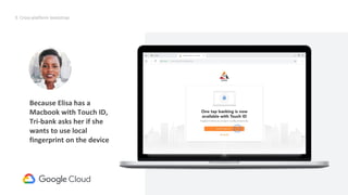 47
Request
credentialId
(internal)
Request (Alternative)
{empty credentialId}
Will result in prompt to insert removable SK
Because Elisa has a
Macbook with Touch ID,
Tri-bank asks her if she
wants to use local
fingerprint on the device
3. Cross-platform bootstrap
 