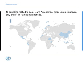 Doha Amendment 
18 countries ratified to date. Doha Amendment enter Enters into force 
only once 144 Parties have ratified. 
 