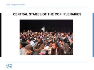 What is negotiated where? 
CENTRAL STAGES OF THE COP: PLENARIES 
 