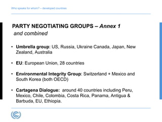 Who speaks for whom? – developed countries 
PARTY NEGOTIATING GROUPS – Annex 1 
and combined 
• Umbrella group: US, Russia, Ukraine Canada, Japan, New 
Zealand, Australia 
• EU: European Union, 28 countries 
• Environmental Integrity Group: Switzerland + Mexico and 
South Korea (both OECD) 
• Cartagena Dialogue: around 40 countries including Peru, 
Mexico, Chile, Colombia, Costa Rica, Panama, Antigua & 
Barbuda, EU, Ethiopia. 
 
