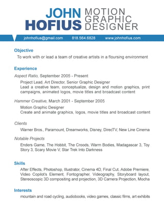John Hofius Motion Graphic Design Resume