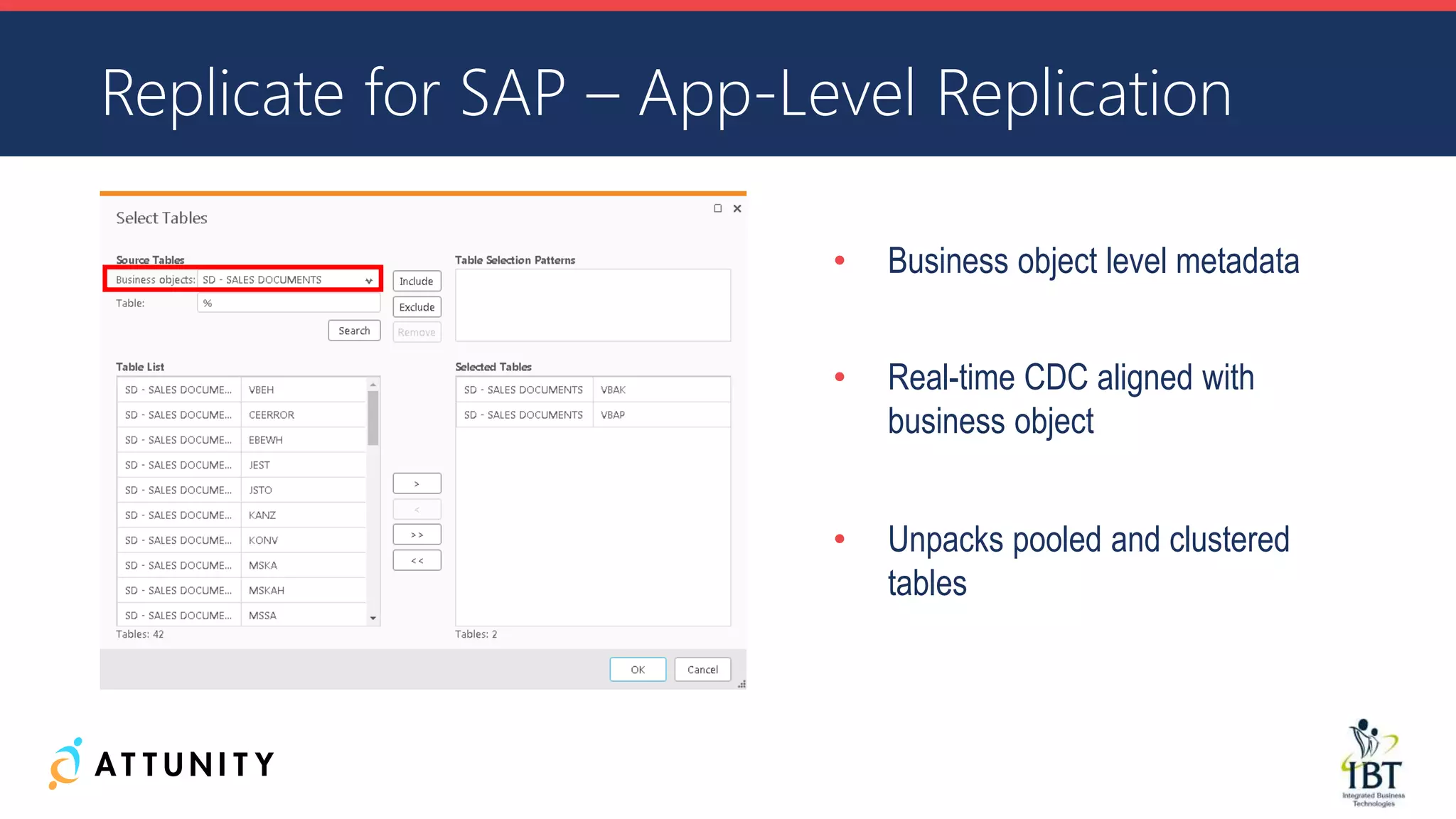 Replicate for SAP – App-Level Replication
• Business object level metadata
• Real-time CDC aligned with
business object
• Unpacks pooled and clustered
tables
 