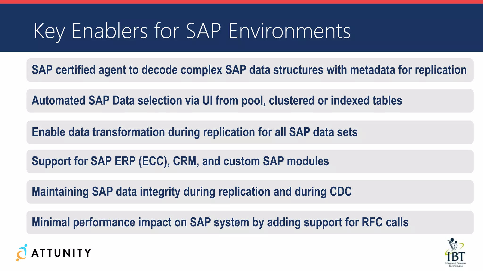 SAP certified agent to decode complex SAP data structures with metadata for replication
Automated SAP Data selection via UI from pool, clustered or indexed tables
Enable data transformation during replication for all SAP data sets
Support for SAP ERP (ECC), CRM, and custom SAP modules
Maintaining SAP data integrity during replication and during CDC
Minimal performance impact on SAP system by adding support for RFC calls
Key Enablers for SAP Environments
 