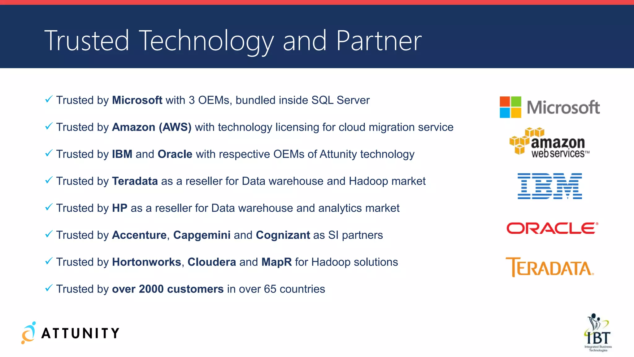 Trusted Technology and Partner
 Trusted by Microsoft with 3 OEMs, bundled inside SQL Server
 Trusted by Amazon (AWS) with technology licensing for cloud migration service
 Trusted by IBM and Oracle with respective OEMs of Attunity technology
 Trusted by Teradata as a reseller for Data warehouse and Hadoop market
 Trusted by HP as a reseller for Data warehouse and analytics market
 Trusted by Accenture, Capgemini and Cognizant as SI partners
 Trusted by Hortonworks, Cloudera and MapR for Hadoop solutions
 Trusted by over 2000 customers in over 65 countries
 