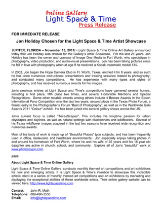 Jon Holiday Chosen for the Light Space & Time Artist Showcase