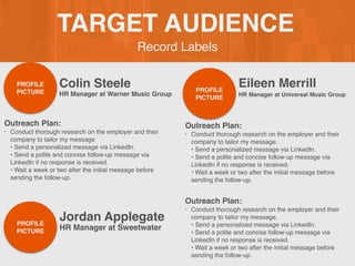 Record Labels
TARGET AUDIENCE
Colin Steele
Outreach Plan:
• Conduct thorough research on the employer and their
company to tailor my message
• Send a personalized message via LinkedIn.
• Send a polite and concise follow-up message via
LinkedIn if no response is received.
• Wait a week or two after the initial message before
sending the follow-up.
PROFILE
PICTURE HR Manager at Warner Music Group
Eileen Merrill
Outreach Plan:
• Conduct thorough research on the employer and their
company to tailor my message.
• Send a personalized message via LinkedIn.
• Send a polite and concise follow-up message via
LinkedIn if no response is received.
• Wait a week or two after the initial message before
sending the follow-up.
PROFILE
PICTURE
HR Manager at Universal Music Group
Jordan Applegate
Outreach Plan:
• Conduct thorough research on the employer and their
company to tailor my message.
• Send a personalized message via LinkedIn.
• Send a polite and concise follow-up message via
LinkedIn if no response is received.
• Wait a week or two after the initial message before
sending the follow-up.
PROFILE
PICTURE
HR Manager at Sweetwater
 