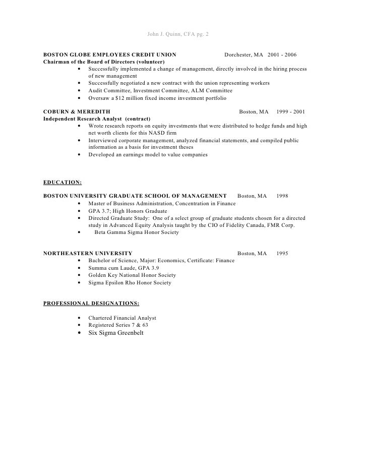 john j quinn cfa finance resume