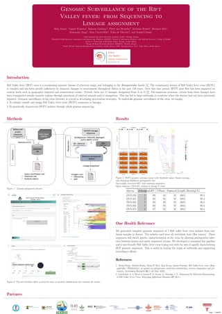 L
A
TEX TikZposter
Genomic Surveillance of the Rift
Valley fever: from Sequencing to
Lineage assignment
John Juma1
, Vagner Fonseca2
, Samson Limbaso3
, Peter van Heusden4
, Kristina Roesel1
, Bernard Bett1
,
Rosemary Sang3
, Alan Christoffels4
, Tulio de Oliveira2
, and Samuel Oyola1
1
International Livestock Research Institute (ILRI), Nairobi, Kenya
2
KwaZulu-Natal Research Innovation and Sequencing Platform (KRISP), School of Laboratory Medicine and Medical Sciences, College of Health
Sciences, University of KwaZulu-Natal, Durban, South Africa.
3
Kenya Medical Research Institute (KEMRI), Nairobi, Kenya
4
South African National Bioinformatics Institute, South African MRC Bioinformatics Unit. Cape Town, South Africa
Genomic Surveillance of the Rift
Valley fever: from Sequencing to
Lineage assignment
John Juma1
, Vagner Fonseca2
, Samson Limbaso3
, Peter van Heusden4
, Kristina Roesel1
, Bernard Bett1
,
Rosemary Sang3
, Alan Christoffels4
, Tulio de Oliveira2
, and Samuel Oyola1
1
International Livestock Research Institute (ILRI), Nairobi, Kenya
2
KwaZulu-Natal Research Innovation and Sequencing Platform (KRISP), School of Laboratory Medicine and Medical Sciences, College of Health
Sciences, University of KwaZulu-Natal, Durban, South Africa.
3
Kenya Medical Research Institute (KEMRI), Nairobi, Kenya
4
South African National Bioinformatics Institute, South African MRC Bioinformatics Unit. Cape Town, South Africa
Introduction
Rift Valley fever (RVF) virus is a re-emerging zoonotic disease of arboviral origin, and belonging to the Bunyaviridae family [1]. The evolutionary history of Rift Valley fever virus (RVFV)
is complex and has been greatly influenced by dramatic changes to environment throughout Africa in the past 150 years. Over this time period, RVFV gene flow has been impacted on
various levels such as geographic dispersal and reassortment events. Overall, there are 15 lineages, designated from A to O [2]. On numerous occasions, viruses from these lineages have
been transported outside enzootic regions through movement of infected animals and/or mosquitoes. This has led to large outbreaks in countries where the disease had not been previously
reported. Genomic surveillance of the virus diversity is crucial in developing intervention strategies. To undertake genomic surveillance of the virus, we sought:
1. To reliably classify and assign Rift Valley fever virus (RVFV) sequences to lineages.
2. To genetically characterize RVFV isolates through whole genome sequencing.
Methods
Figure 1: Lineage assignment process.
Figure 2: The web interface offers a portal for users to perform classification and visualize the results
Results
Figure 3: RVFV genome coverage versus cycle threshold values, Reads coverage
and Maximum likelihood phylogenetic tree
Successfully recovered 99% viral consensus sequences.
Query sequence, DVS-321, clusters in lineage C clade.
Query LineageaLRT UFboot Segment Length Identity(%)
DVS-230 C 89 84 M 3885 99.3
DVS-321 C 86 95 M 3885 99.3
DVS-333 C 88 90 M 3885 99.4
DVS-356 C 88 89 M 3885 99.3
DVS-372 C 87 92 M 3885 99.4
One Health Relevance
We generated complete genomic sequences of 5 Rift valley fever virus isolates from out-
break samples in Kenya. The isolates used were all vertebrate host (Bos taurus). These
sequences will enrich genetic characterization of the virus by allowing phylogenetic infer-
ence between known and newly sequenced strains. We developed a command line pipeline
and a user-friendly Rift Valley fever virus typing tool with the aim of rapidly characterizing
RVF genomic sequences. This is useful in tracing the origin of outbreaks and supporting
surveillance efforts.
References
1. Michel Pepin, Michèle Bouloy, Brian H. Bird, Alan Kemp, Janusz Paweska. Rift Valley fever virus (Bun-
yaviridae: Phlebovirus): an update on pathogenesis, molecular epidemiology, vectors, diagnostics and pre-
vention. Veterinary Research 41, 1–40 (May 2010).
2. Grobbelaar A. A, Weyer J, Leman P. A., Kemp, A., Paweska, J. T., Swanepoel, R. Molecular Epidemiology
of Rift Valley Fever Virus. Emerging Infectious Diseases 17 (2011).
Partners
 