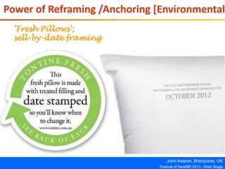 John Kearon, Brainjuicer, UK
Festival of NewMR 2013 - Main Stage
Power of Reframing /Anchoring [Environmental
‘Fresh Pillows’;
sell-by-date framing
 