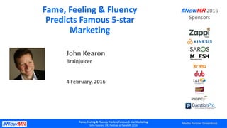 1©BrainJuicer®Fame, Feeling & Fluency Predicts Famous 5-star Marketing
John Kearon, UK, Festival of NewMR 2016
Fame, Feeling & Fluency
Predicts Famous 5-star
Marketing
John Kearon
Brainjuicer
4 February, 2016
#NewMR 2016
Sponsors
Media Partner GreenBook
 