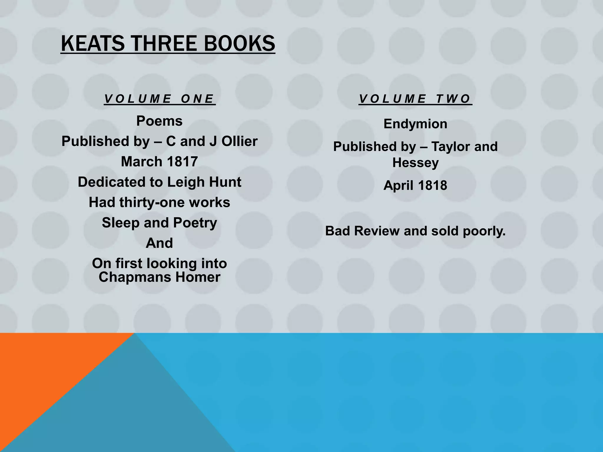 KEATS THREE BOOKS

      VOLUME ONE                    VOLUME TWO
           Poems                        Endymion
Published by – C and J Ollier    Published by – Taylor and
         March 1817                      Hessey
  Dedicated to Leigh Hunt               April 1818
   Had thirty-one works
      Sleep and Poetry
                                Bad Review and sold poorly.
             And
    On first looking into
     Chapmans Homer
 