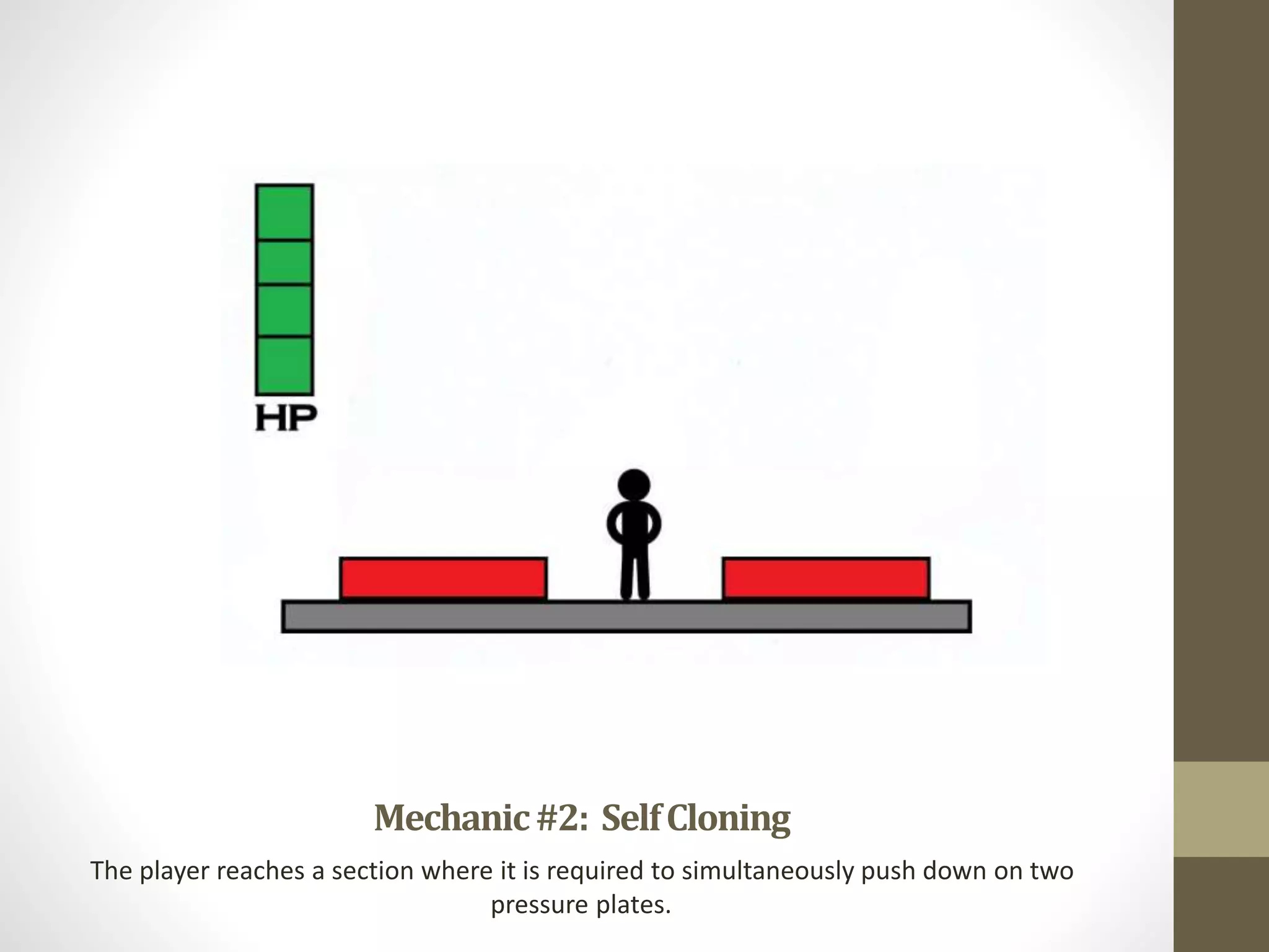 Mechanic#2: SelfCloning
The player reaches a section where it is required to simultaneously push down on two
pressure plates.
 