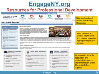 EngageNY.org
EngageNY.org
Resources for Professional Development
New and updated
Parent and Family
Resources
Most relevant and
current information,
and newest materials
highlighted for easy
access.
One-stop location for
resources and
materials to support
implementation of the
Regents Reform
Agenda
14
 