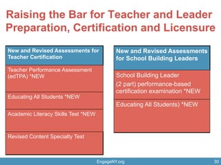 Raising the Bar for Teacher and Leader
Preparation, Certification and Licensure
EngageNY.org
New and Revised Assessments for
Teacher Certification
Teacher Performance Assessment
(edTPA) *NEW
Educating All Students *NEW
Academic Literacy Skills Test *NEW
Revised Content Specialty Test
New and Revised Assessments
for School Building Leaders
School Building Leader
(2 part) performance-based
certification examination *NEW
Educating All Students) *NEW
30
 