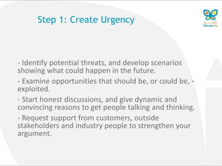 Step 1: Create Urgency
- Identify potential threats, and develop scenarios
showing what could happen in the future.
-- Examine opportunities that should be, or could be,
exploited.
- Start honest discussions, and give dynamic and
convincing reasons to get people talking and thinking.
- Request support from customers, outside
stakeholders and industry people to strengthen your
argument.
 