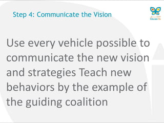 Step 4: Communicate the Vision
Use every vehicle possible to
communicate the new vision
and strategies Teach new
behaviors by the example of
the guiding coalition
 