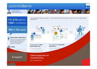Zelfmanagement en
E-support   ondersteuning
            Bron: Patients like me
                                     © copyright 2012 vertrouwelijk
 