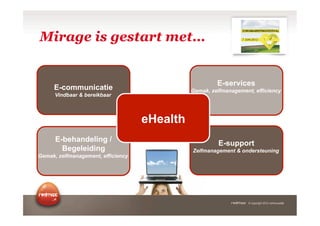 Mirage is gestart met…


                                                        E-services
     E-communicatie                            Gemak, zelfmanagement, efficiency
      Vindbaar & bereikbaar



                                    E-health
                                    eHealth
      E-behandeling /
                                                         E-support
        Begeleiding                            Zelfmanagement & ondersteuning
Gemak, zelfmanagement, efficiency




                                                                    © copyright 2012 vertrouwelijk
 