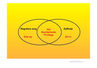 Reguliere zorg        Het       Zelfhulp
                 Nuchterheids
                   Privilege
  Grip op                        Zin in
 