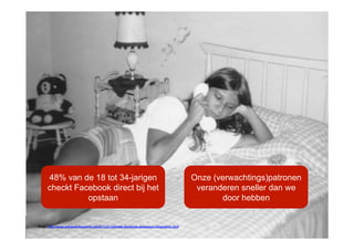 48% van de 18 tot 34-jarigen                                                            Onze (verwachtings)patronen
      checkt Facebook direct bij het                                                           veranderen sneller dan we
                opstaan                                                                              door hebben


                                                                                                                  © copyright 2012 vertrouwelijk
Bron: http://www.webanalyticsworld.net/2011/01/ultimate-facebook-obsession-infographic.html
 