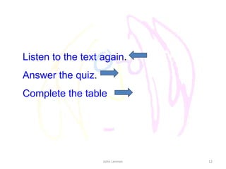 John Lennon Listen  to   the   text   again . Answer   the   quiz . Complete  the   table 