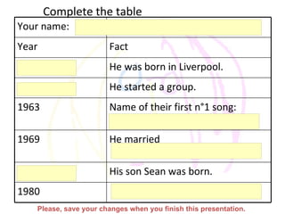Complete the table Please, save your changes when you finish this presentation. Your name: 1980 His son Sean was born. He married  1969 Name of their first n°1 song: 1963 He started a group. He was born in Liverpool. Fact Year 