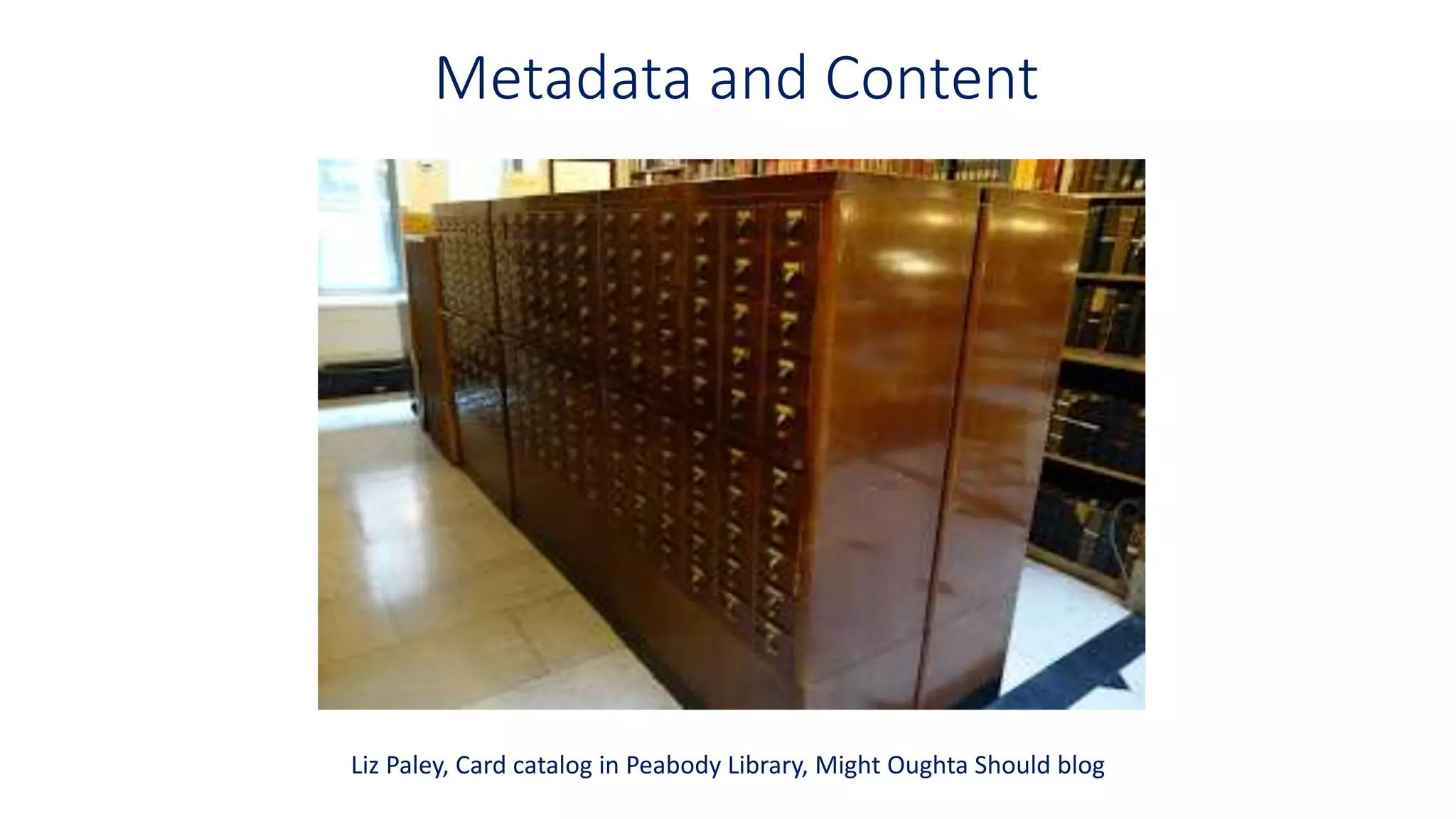 Metadata and Content
Liz Paley, Card catalog in Peabody Library, Might Oughta Should blog
 