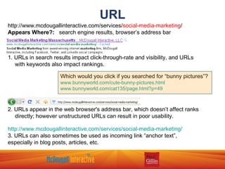 URL http://www.mcdougallinteractive.com/services/ social-media-marketing / Appears Where?:   search engine results, browser’s address bar 1. URLs in search results impact click-through-rate and visibility, and URLs with keywords also impact rankings. 2. URLs appear in the web browser's address bar, which doesn’t affect ranks directly; however unstructured URLs can result in poor usability. http://www.mcdougallinteractive.com/services/social-media-marketing/ 3. URLs can also sometimes be used as incoming link “anchor text”, especially in blog posts, articles, etc. Which would you click if you searched for “bunny pictures”? www.bunnyworld.com/cute-bunny-pictures.html www.bunnyworld.com/cat135/page.html?p=49 