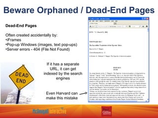 Beware Orphaned / Dead-End Pages Dead-End Pages Often created accidentally by: iFrames Pop-up Windows (images, text pop-ups) Server errors - 404 (File Not Found) Even Harvard can make this mistake If it has a separate URL, it can get indexed by the search engines 