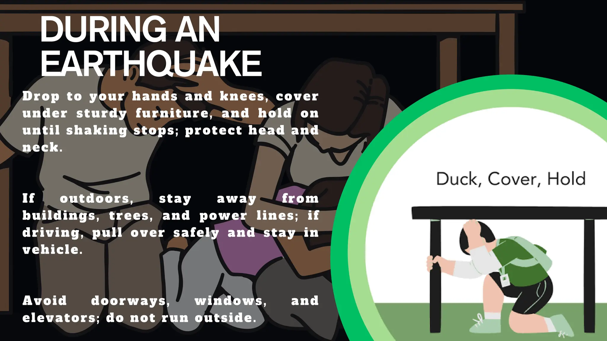DURING AN
EARTHQUAKE
Drop to your hands and knees, cover
under sturdy furniture, and hold on
until shaking stops; protect head and
neck.​
If outdoors, stay away from
buildings, trees, and power lines; if
driving, pull over safely and stay in
vehicle.​
Avoid doorways, windows, and
elevators; do not run outside.
 