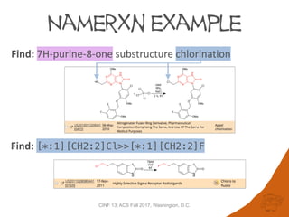 Find:	7H-purine-8-one	substructure	chlorination
Find:	[*:1][CH2:2]Cl>>[*:1][CH2:2]F
Namerxn example
CINF 13, ACS Fall 2017...