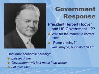 Government
                                 Response
                          President Herbert Hoover
                            and US Government…??
                             Wait for the market to correct
                             itself
                             “Pump priming?”
                             well, maybe, but didn‟t DO it.

Dominant economic paradigm:
  Laissez Faire
  Government will just mess it up worse.
  Let it fix itself.
 