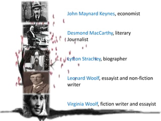 John Maynard Keynes, economist
Desmond MacCarthy, literary
Journalist
Lytton Strachey, biographer
Leonard Woolf, essayist and non-fiction
writer
Virginia Woolf, fiction writer and essayist
 