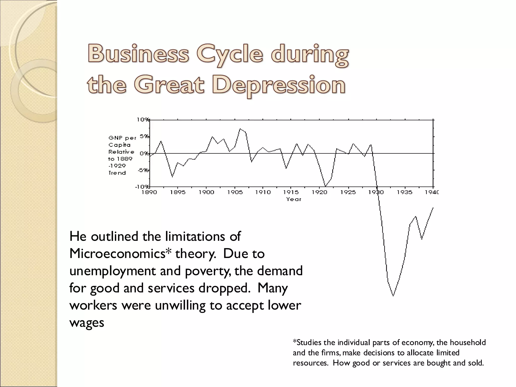 He outlined the limitations of
Microeconomics* theory. Due to
unemployment and poverty, the demand
for good and services dropped. Many
workers were unwilling to accept lower
wages
                                    *Studies the individual parts of economy, the household
                                    and the ﬁrms, make decisions to allocate limited
                                    resources. How good or services are bought and sold.
 
