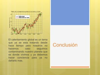 Conclusión
El calentamiento global es un tema
que ya se esta tratando desde
hace tiempo pero nosotros no
hacemos caso seguimos
contaminando nuestro planeta que
es donde vivimos y ya debemos
hacer conciencia para ya no
dañarlo mas.
 