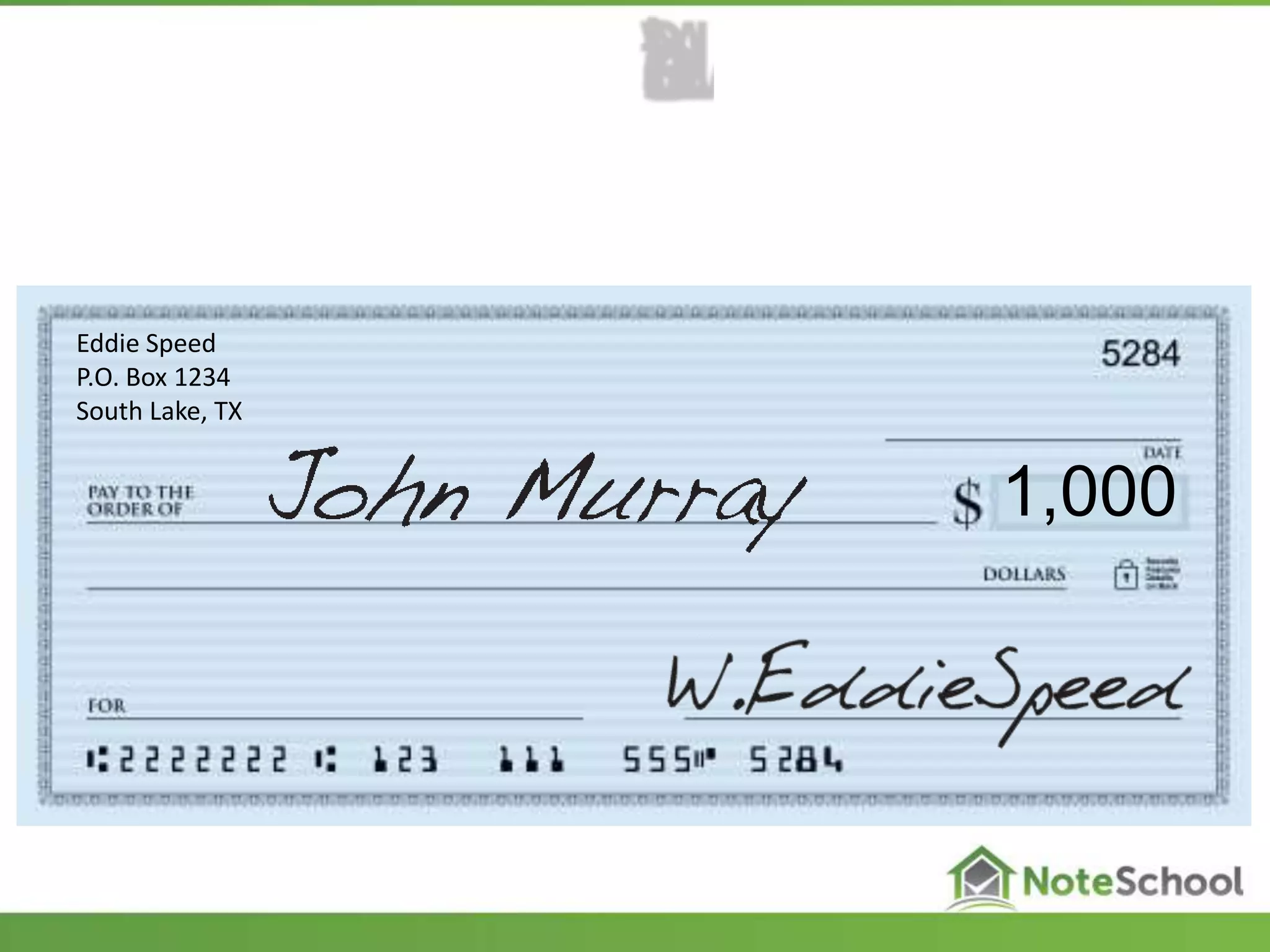 1,000
Eddie Speed
P.O. Box 1234
South Lake, TX
 