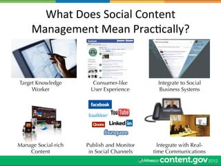 What	
  Does	
  Social	
  Content	
  
     Management	
  Mean	
  PracWcally?	
  



Target Knowledge      Consumer-like          Integrate to Social
     Worker           User Experience         Business Systems




Manage Social-rich   Publish and Monitor     Integrate with Real-
    Content           in Social Channels   time Communications
 