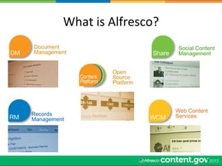 What	
  is	
  Alfresco?	
  
        Document                                     Content Content
                                                       Social Content
  DM    Management RM
       DM    RM             WCM WCM      Share Share Platform Platform BP
                                                       Management


                                  Open
                       Content    Source
WCM      Share         Platform       BPM
                                  Platform




                                        Content        Web Content
       Records                                         Services
  RM         WCM
       Management DM        Share RM    PlatformWCM    BPM Share




                                                                  4
 